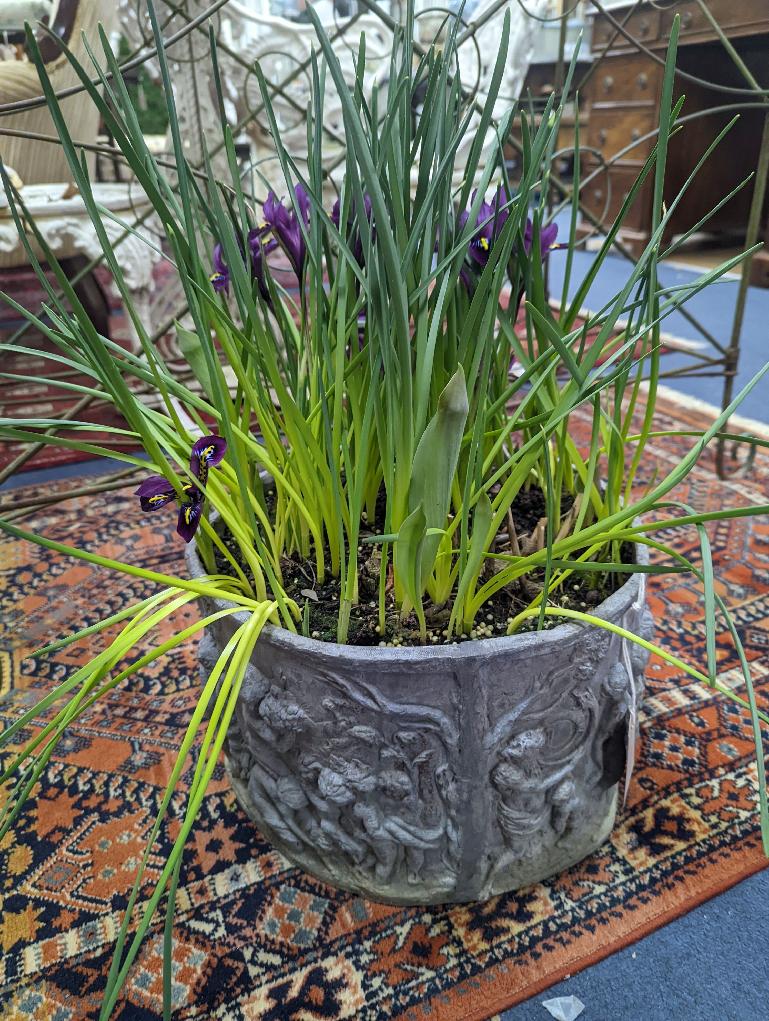 A circular lead planter moulded with Bacchic putti, diameter 30cm
